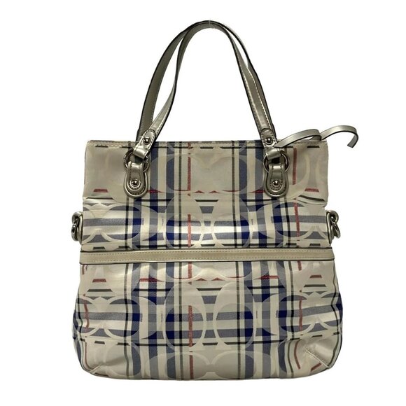 Auth COACH Poppy Tartan Foldover Signature 21139 White Blue Red Jacquard Leather - Picture 3 of 13